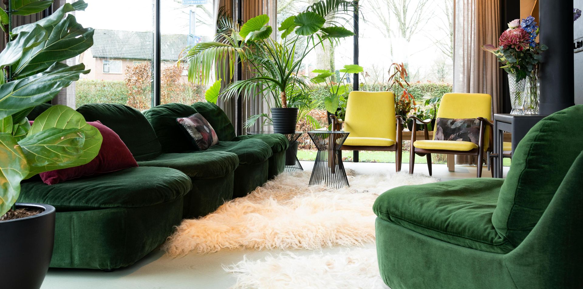 A modern living room featuring a green sofa, yellow chairs, and lush indoor plants, bathed in natural light.